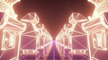 Neon ışıkları olan bir sıra Game Arcade Machines. Neon sentetik dalga siber uzayı boyunca uçuş, döngü.