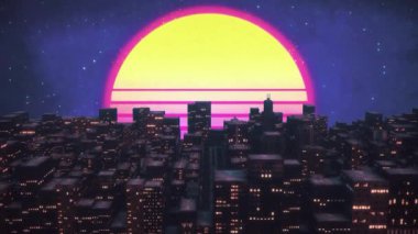 Siberpunk ya da synthwave tarzında animasyon şehir manzarası. Müzik videosu için VJ synthwave 3 boyutlu canlandırma.