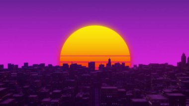 Siber punk ya da sentetik dalga tarzı, renkli retro ve fütürist görünümlü gece şehri manzarası.