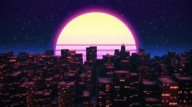 Geçmişe dönük 80 'ler tarzı, neon şehir arkaplanlı. Siber punk şehir manzarasının kusursuz döngüsü. Müzik videosu için VJ synthwave 3 boyutlu canlandırma.