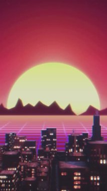 Geçmişe dönük fütürist bilim-kurgu gece şehri kusursuz döngü geçmişi. Neon ışıkları olan VJ sentetik dalga arka planı. Dikey video.