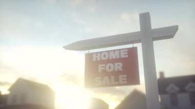 Ön bahçesinde tabela olan satılık bir evin animasyon sokak manzarası.