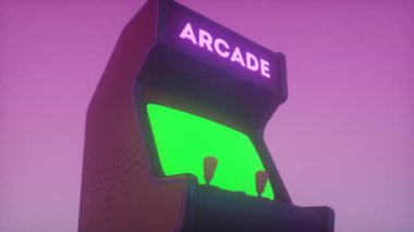 Retro Arcade Machine. Yeşil ekranlı Parlayan Arcade Machine. Yakınlaştır.