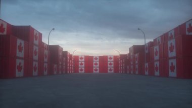 Kanada bayrak konteynırları konteyner terminalinde bulunmaktadır. Kanada ihracat veya ithalat kavramı.