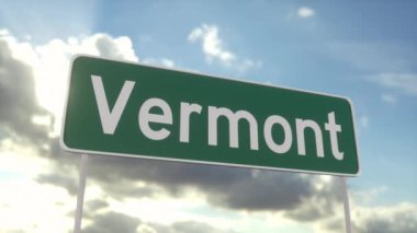 Vermont 'a hoş geldiniz. Mavi gökyüzünde Vermont yol tabelası. Seyahat, iş, turizm ve ulaşım kavramı.
