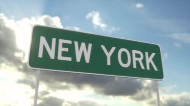 New York 'a hoş geldiniz. Mavi gökyüzünde New York yol tabelası. Seyahat, iş, turizm ve ulaşım kavramı.