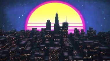 Siberpunk ya da synthwave tarzında animasyon şehir manzarası. Müzik videosu için VJ synthwave 3 boyutlu canlandırma.