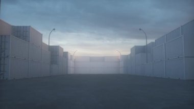 Beyaz konteynır duvarı. Bir kamera konteynır duvarı boyunca sorunsuzca hareket eder..