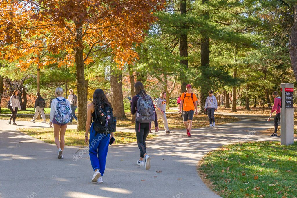AMES, IA, USA - NOVEMBER 1, 2022: Unidentified Individuals and campus walkway at  Iowa State University.