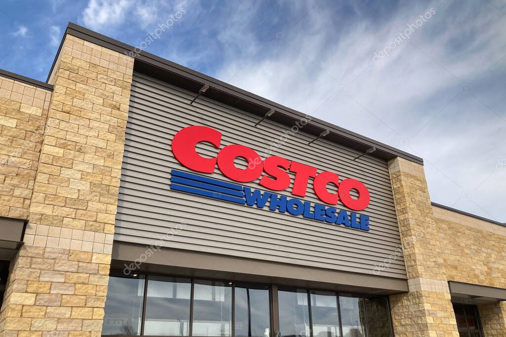 ST. PAUL, MN, USA - FEBRUARY 6, 2023: Costco Wholesale retail exterior and trademark logo.