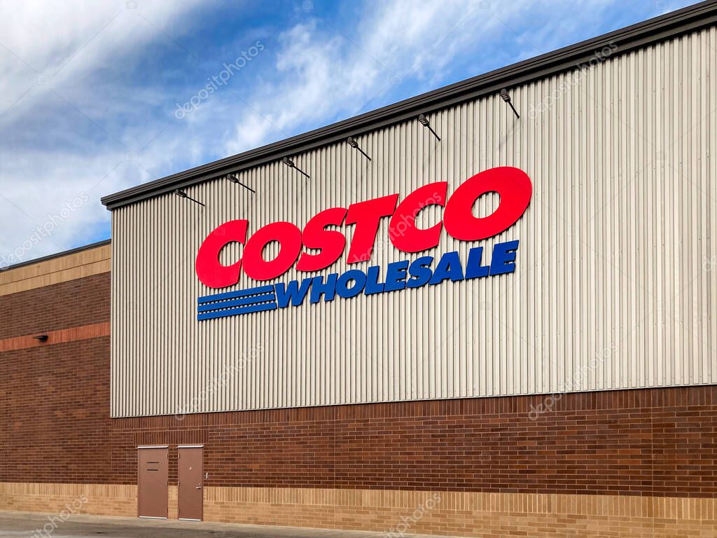 ST. PAUL, MN, USA - FEBRUARY 6, 2023: Costco Wholesale retail exterior and trademark logo.