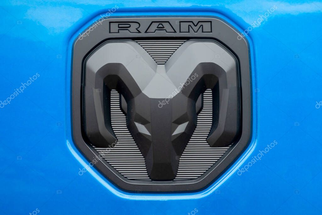 HUDSON, WI, USA - APRIL 23, 2023: Dodge RAM emblem close-up and trademark logo.