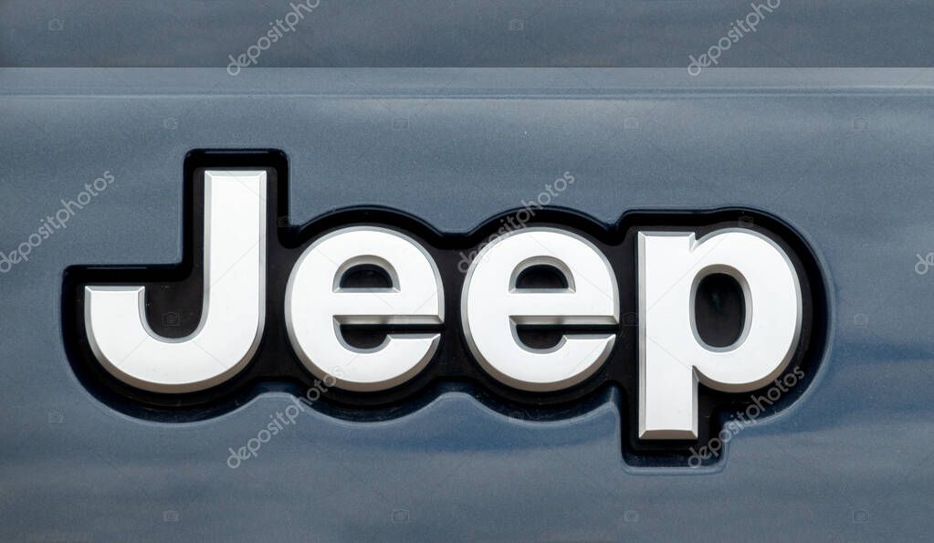 HUDSON, WI, USA - APRIL 23, 2023: Jeep  close-up and trademark logo.