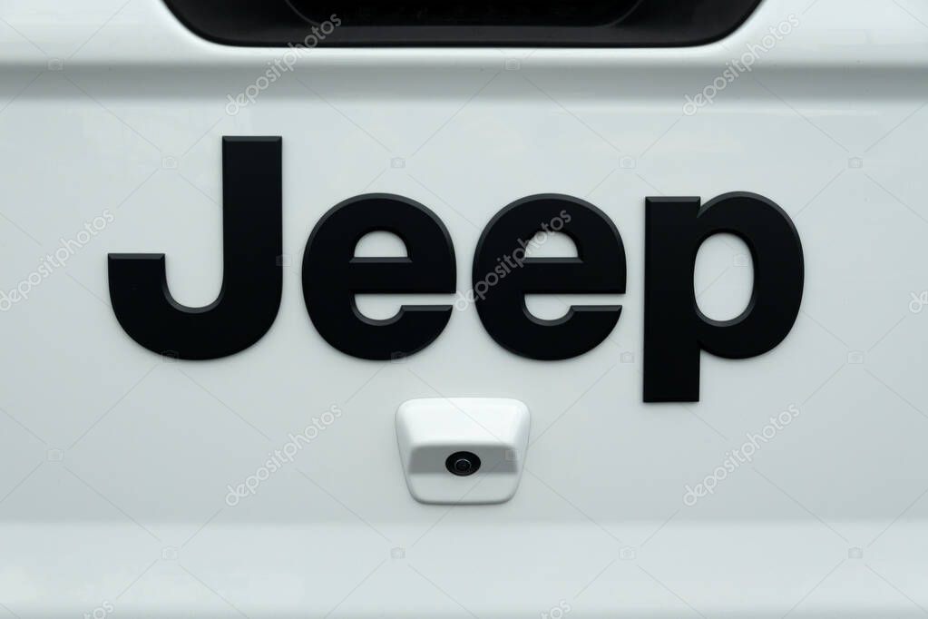 STILLWATER, MN, USA - JULY 16, 2023: Jeep  close-up and trademark logo.