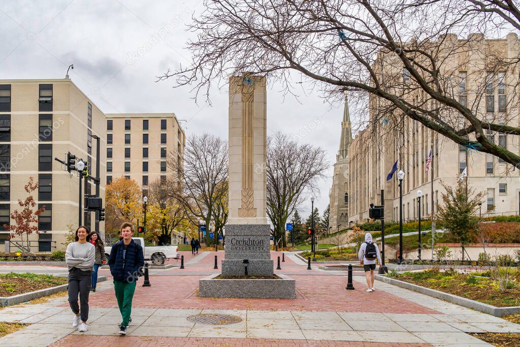 OMAHA, NE, USA - NOVEMBER 4, 2022: Unidentified individuals on the campus of Creighton University.
