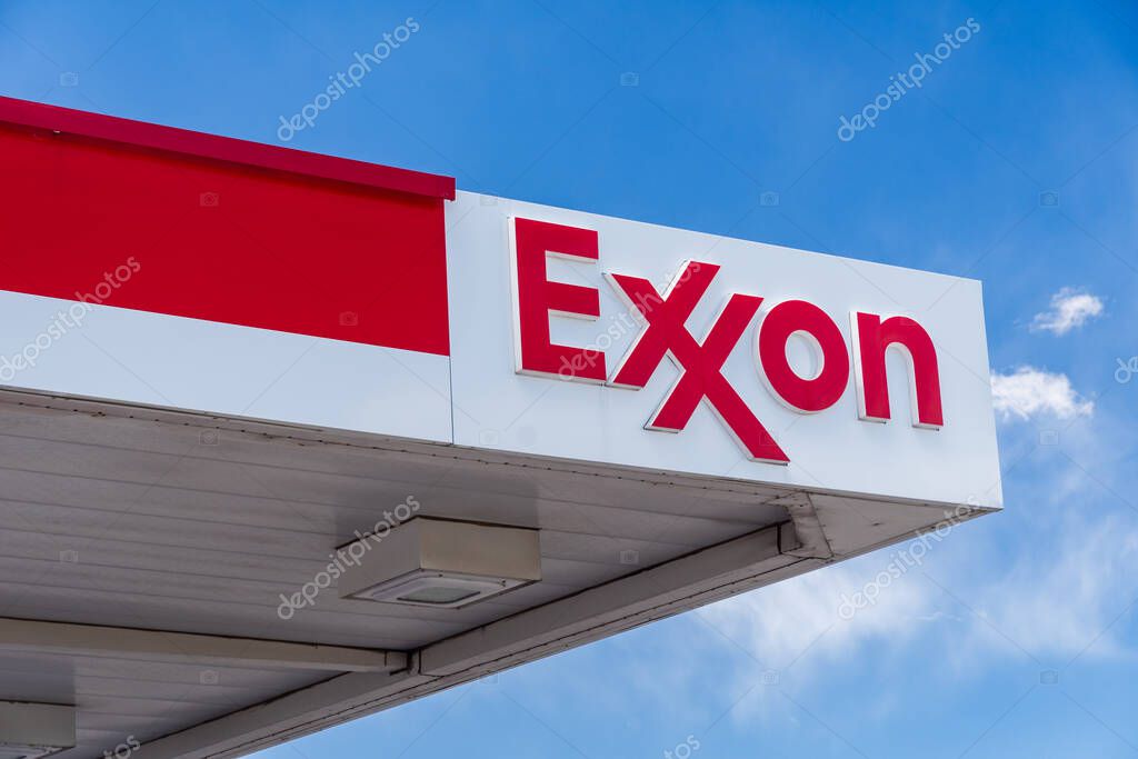 TRINIDAD, CO, USA - MAY 19, 2024: Exxon gasoline station exterior sign and trademark logo.