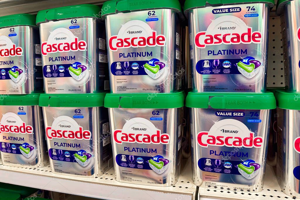 HUDSON WI, USA, JANUARY 22, 2025:Cascade dishwasher soap on retail store shelves.