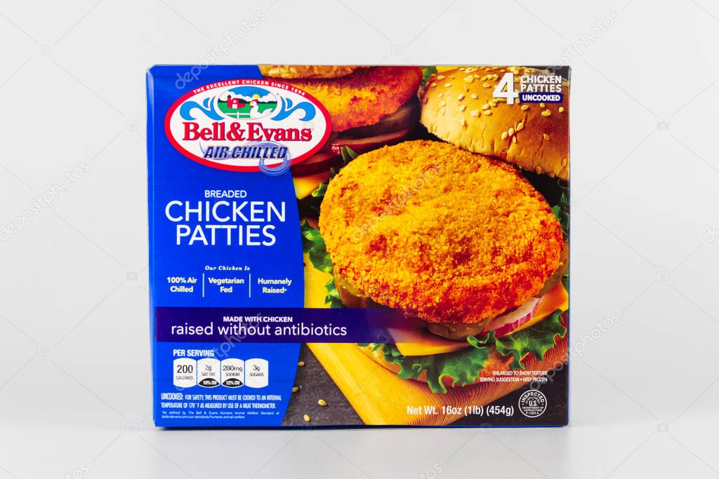 ST. PAUL, MN, USA, APRIL 2, 2025:Bell and Evans Breaded Chicken Patties product and trademark logo.