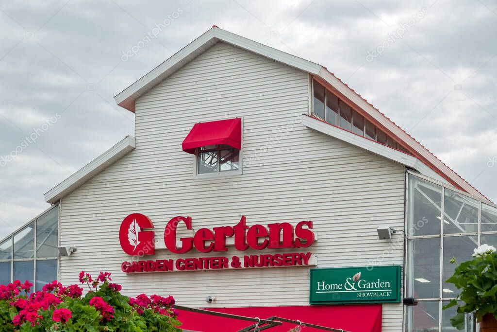 INVER GROVE HEIGHTS, MN, USA, MAY 19, 2025: Main building and trademark logo at Gertens Greenhouses and Garden Center.