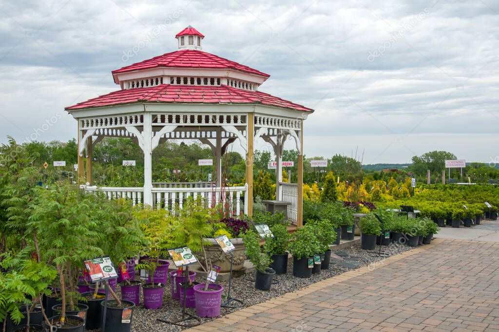 INVER GROVE HEIGHTS, MN, USA, MAY 19, 2025: Gazebo and panoramic views at Gertens Greenhouses and Garden Center.
