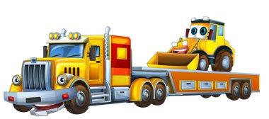 Çizgi film sahnesinde çocuklar için izole edilmiş diğer arabalarla dolu çekici kamyon kullanılıyor.