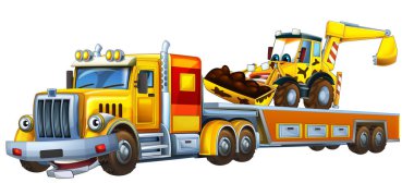 Çizgi film sahnesinde çocuklar için izole edilmiş diğer arabalarla dolu çekici kamyon kullanılıyor.