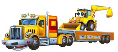 Çizgi film sahnesinde çocuklar için izole edilmiş diğer arabalarla dolu çekici kamyon kullanılıyor.