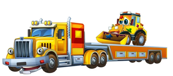 卡通片场景 拖曳卡车载着其他车辆 为孩子们提供独立的图解 — 图库照片