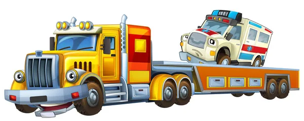 Escena Dibujos Animados Con Conducción Grúa Con Ambulancia Carga Coche —  Fotos de Stock
