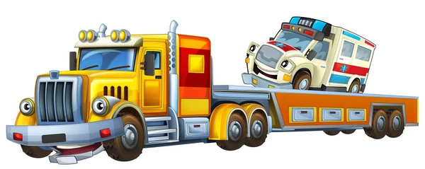 Escena Dibujos Animados Con Conducción Grúa Con Ambulancia Carga Coche — Foto de Stock