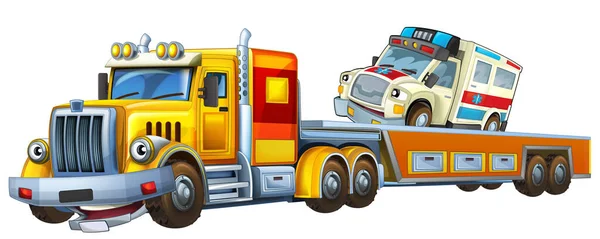 Tecknad Scen Med Bärgningsbil Körning Med Last Ambulans Bil Isolerad — Stockfoto