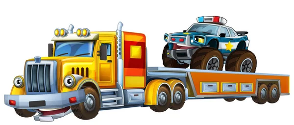 Cartoon Szene Mit Abschleppwagen Fahren Mit Ladung Andere Auto Polizei — Stockfoto