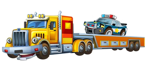 Cartoon Szene Mit Abschleppwagen Fahren Mit Ladung Andere Auto Polizei — Stockfoto