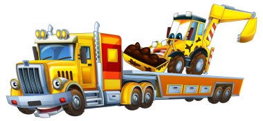 Çizgi film sahnesi. Çekici kamyonu sürüyordu. Diğer araba kazıcıları çocuklar için izole edilmiş resimlerdi.