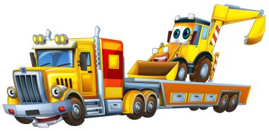 Çizgi film sahnesi. Çekici kamyonu sürüyordu. Diğer araba kazıcıları çocuklar için izole edilmiş resimlerdi.