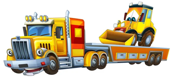 Cartoon Scene Tow Truck Driving Load Other Car Excavator Isolated — Stock Photo, Image