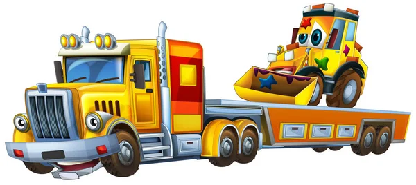 卡通片场景 拖曳卡车载着其他汽车挖掘机 为儿童提供孤立的图解 — 图库照片