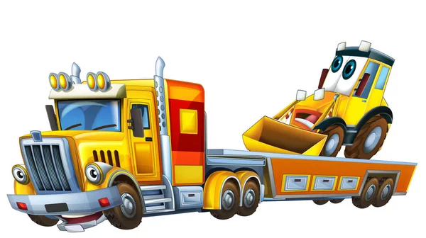 Cartoon Scene Tow Truck Driving Load Other Car Excavator Isolated — Stock Photo, Image