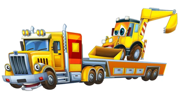子供のための他の車の掘削機絶縁イラストと牽引トラックの運転と漫画シーン — ストック写真