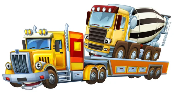 Cartoon Scene Tow Truck Driving Load Other Car Concrete Mixer — Stock Photo, Image