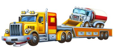 Çizgi film sahnesinde çocuklar için izole edilmiş diğer arabalarla dolu çekici kamyon kullanılıyor.