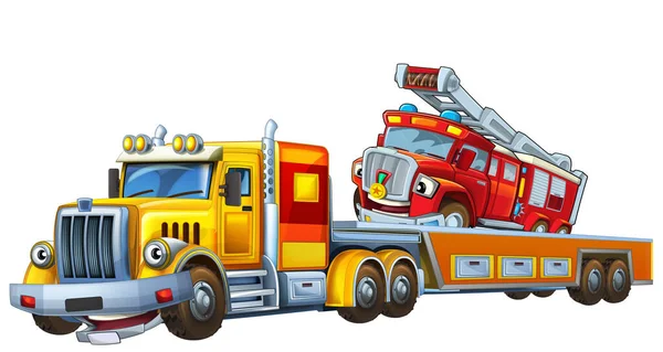 Karikatura Scéna Odtahovým Vozem Jízdy Nákladem Jiné Auto Hasič Požární — Stock fotografie