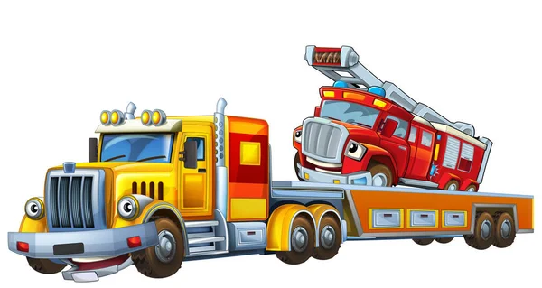 他の車の消防士と一緒に牽引トラックの運転と漫画のシーン子供のための孤立したイラスト — ストック写真