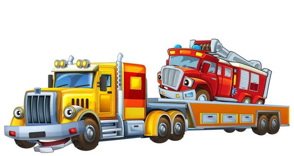 Σκηνή Κινουμένων Σχεδίων Γερανό Οδήγησης Φορτίο Άλλων Πυροσβεστών Αυτοκινήτων Πυροσβεστική — Φωτογραφία Αρχείου