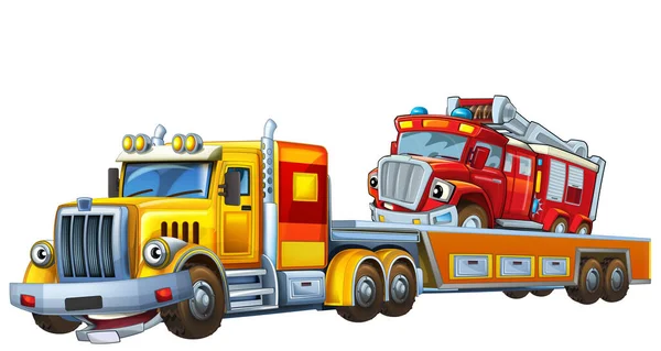 Σκηνή Κινουμένων Σχεδίων Γερανό Οδήγησης Φορτίο Άλλων Πυροσβεστών Αυτοκινήτων Πυροσβεστική — Φωτογραφία Αρχείου