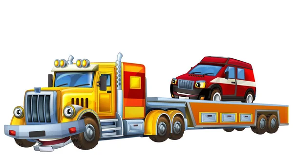他の車の消防士と一緒に牽引トラックの運転と漫画のシーン子供のための孤立したイラスト — ストック写真
