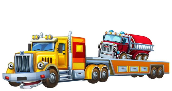 Мультяшна Сцена Евакуатором Водіння Вантажівки Вантажем Іншої Пожежної Машини Ізольована — стокове фото