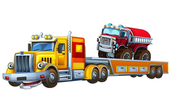 卡通片场景 拖曳卡车载重驾驶其他车辆消防员消防队为儿童单独提供的图解 — 图库照片