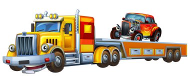 Çizgi film sahnesinde çocuklar için izole edilmiş diğer arabalarla dolu çekici kamyon kullanılıyor.