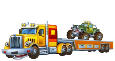 Çizgi film sahnesinde çocuklar için izole edilmiş diğer arabalarla dolu çekici kamyon kullanılıyor.